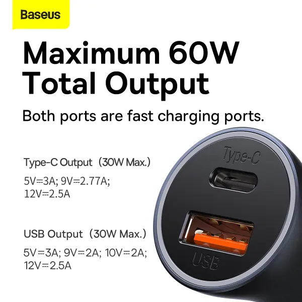 Baseus Golden Contactor Max Dual Fast Charger Car Charger U+C 60W Dark Gray image 4