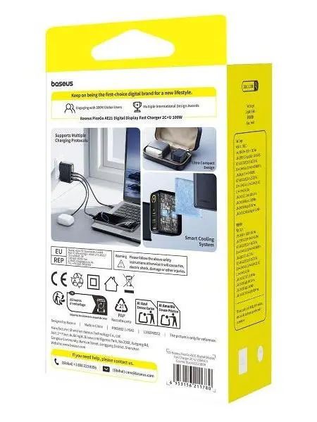 شاحن بيسوس بيكوجو AE21 بشاشة رقمية 100 واط (2x Type-C + USB-A) مع كابل 100W - أسود كويكبي image 4