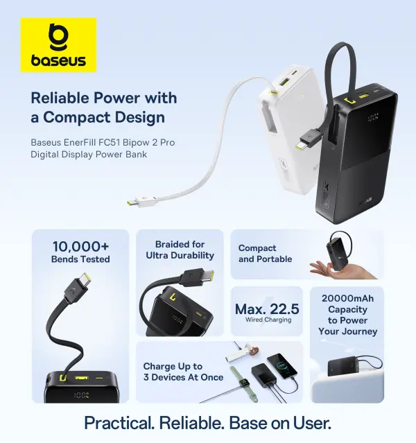 OS-Baseus EnerFill FC51 Bipow2 Pro Digital Display Power Bank  with Built-in Cable 20000mAh 22.5W Cosmic Black image 4
