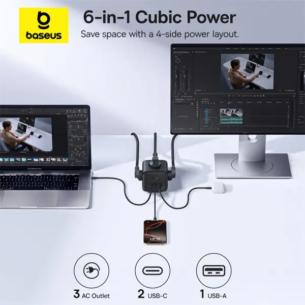 OS-Baseus EnerFill FA11 Cube Power Strip 3AC+1U+1C 67W 1.5m EU Cosmic Black image 2