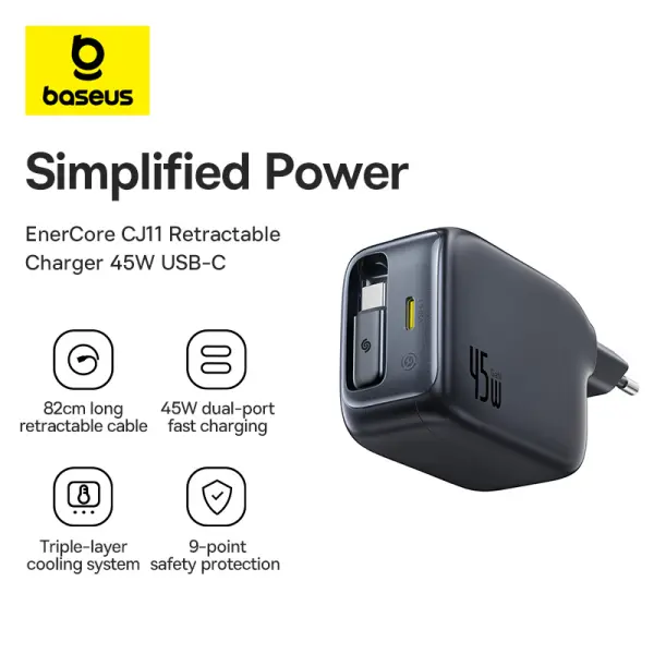 OS-Baseus EnerCore CJ11 Fast Charger with Retractable Cable 2C 45W EU Cosmic Black image 0