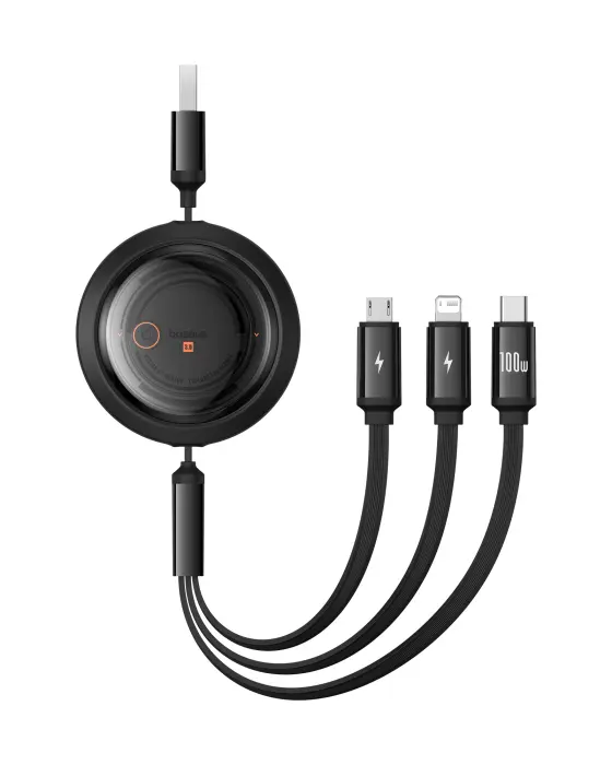 Baseus Free2Draw Retractable Crystal Fast Charging Data Cable USB to M+L+C 100W 1.1m Cluster Black image 0