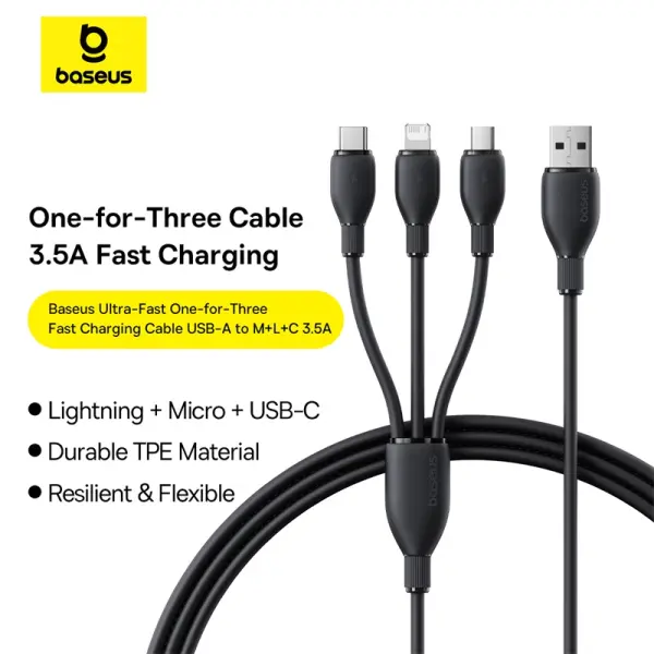 Baseus Ultra-Fast One-for-Three Fast Charging Cable USB-A to M+L+C 3.5A 1.3m Cosmic Black image 0