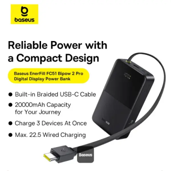 OS-Baseus EnerFill FC51 Bipow2 Pro Digital Display Power Bank  with Built-in Cable 20000mAh 22.5W Cosmic Black image 2