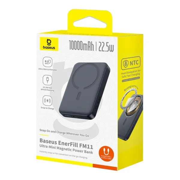 باور بانك مغناطيسي بيسوس EnerFill FM11 Ultra-Mini سعة 10000 مللي أمبير بقوة 22.5 واط - لون أسود  (مع كابل تايب سي) image 3