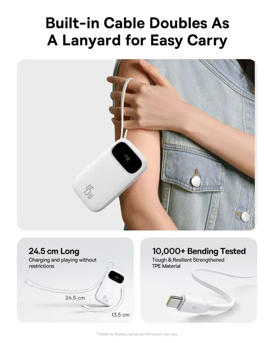 OS-Baseus EnerFill FC31 Digital Display Power Bank  with 2 Built-in USB-C Cables 10000mAh 45W Moon White image 8