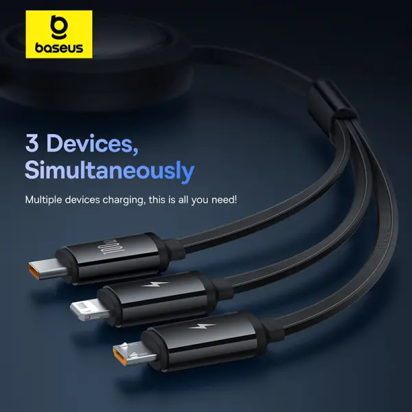 Baseus Free2Draw Retractable Crystal Fast Charging Data Cable USB to M+L+C 100W 1.1m Cluster Black image 11
