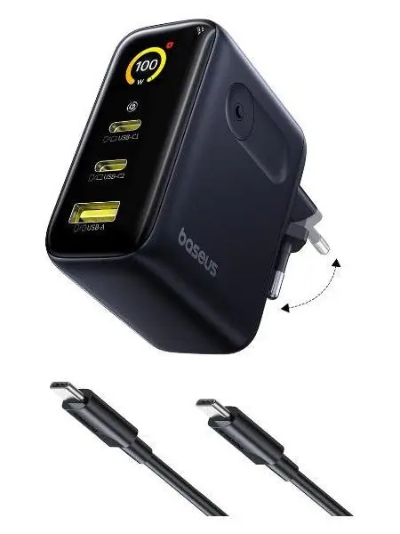 شاحن بيسوس بيكوجو AE21 بشاشة رقمية 100 واط (2x Type-C + USB-A) مع كابل 100W - أسود كويكبي image 1