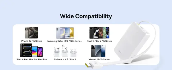 OS-Baseus EnerFill FC51 Bipow2 Pro Digital Display Power Bank  with Built-in Cable 20000mAh 22.5W Moon White image 7