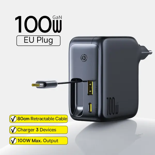 OS-Baseus EnerCore CJ11 Fast Charger with Retractable Cable 2C+U 100W EU Cluster Black image 0
