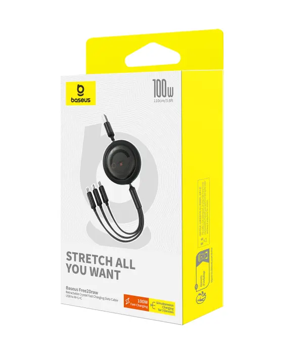 Baseus Free2Draw Retractable Crystal Fast Charging Data Cable USB to M+L+C 100W 1.1m Cluster Black image 5