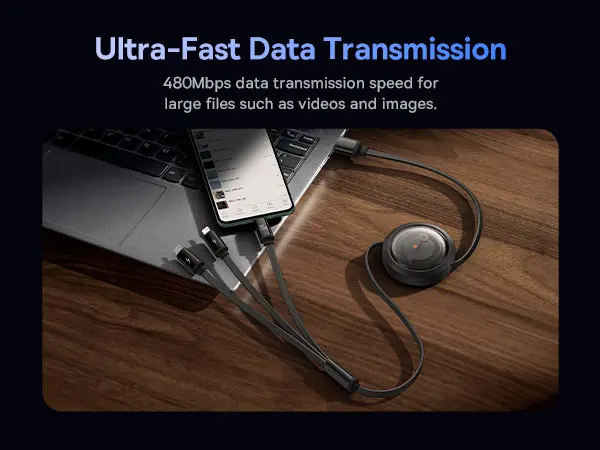 Baseus Free2Draw Retractable Crystal Fast Charging Data Cable USB to M+L+C 100W 1.1m Cluster Black image 7