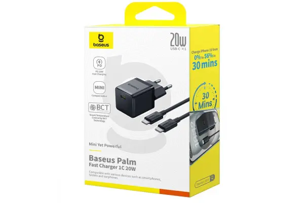 Baseus Palm Fast Charger 1C 20W EU Cluster Black  (with Baseus Mini White Cable USB-C to USB-C 60W (20V/3A) 1m Cluster Black) image 7