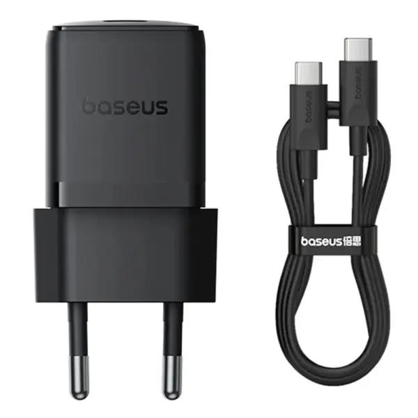 Baseus Palm Fast Charger 1C 20W EU Cluster Black  (with Baseus Mini White Cable USB-C to USB-C 60W (20V/3A) 1m Cluster Black) image 0