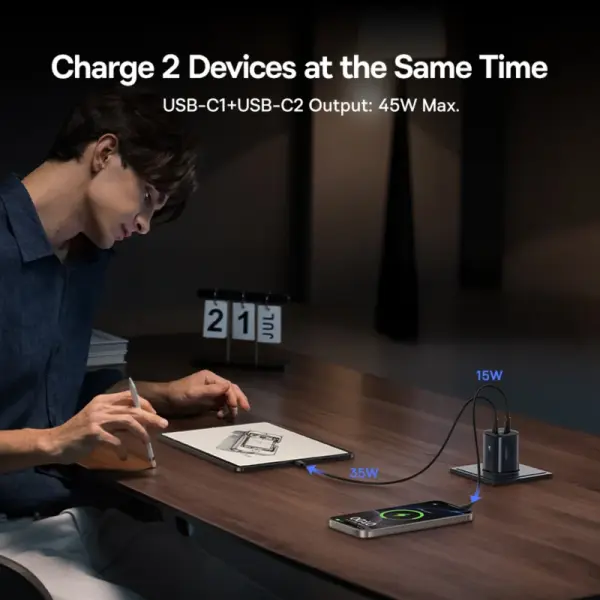 شاحن سريع بيسوس بيكوجو AN13 بقوة 45 واط منفذين Type-C قابس أوروبي - أسود كوني (Baseus PicoGo AN13 Fast Charger 2C 45W EU Cosmic Black) image 7