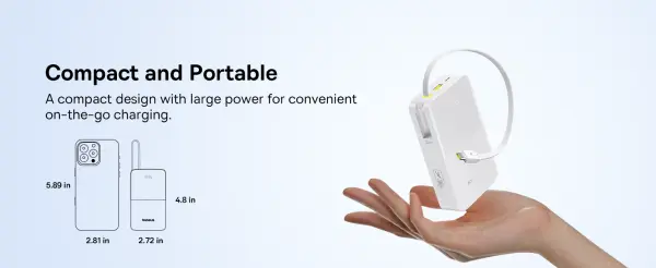 OS-Baseus EnerFill FC51 Bipow2 Pro Digital Display Power Bank  with Built-in Cable 20000mAh 22.5W Moon White image 4