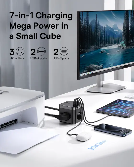OS-Baseus PowerCombo Cube Power Strip 3AC+2U+2C 30W 1.5m EU Cluster Black image 3