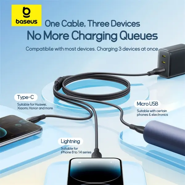 Baseus Ultra-Fast One-for-Three Fast Charging Cable USB-A to M+L+C 3.5A 1.3m Cosmic Black image 3