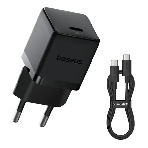 Baseus Palm Fast Charger 1C 20W EU Cluster Black  (with Baseus Mini White Cable USB-C to USB-C 60W (20V/3A) 1m Cluster Black) image 1