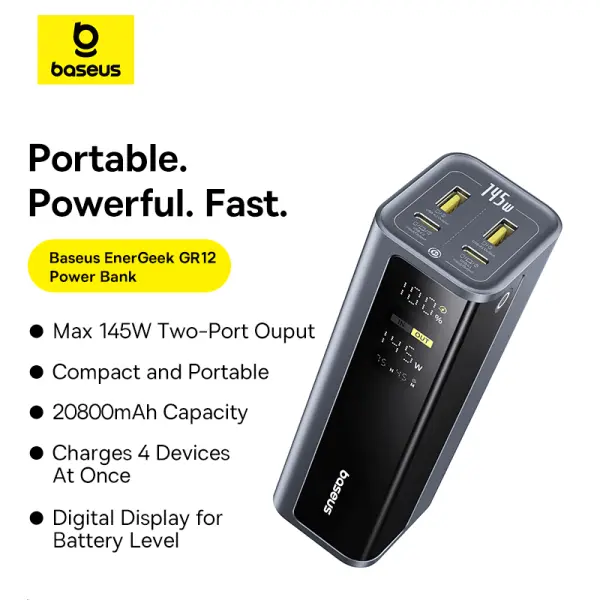 OS-Baseus EnerGeek GP12 Fast Charging Power Bank with Digital Display 20800mAh 145W Space Grey (Includes Type-C to Type-C Cable 1M 100W) image 2