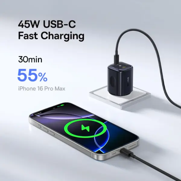 شاحن سريع بيسوس بيكوجو AN13 بقوة 45 واط منفذين Type-C قابس أوروبي - أسود كوني (Baseus PicoGo AN13 Fast Charger 2C 45W EU Cosmic Black) image 4