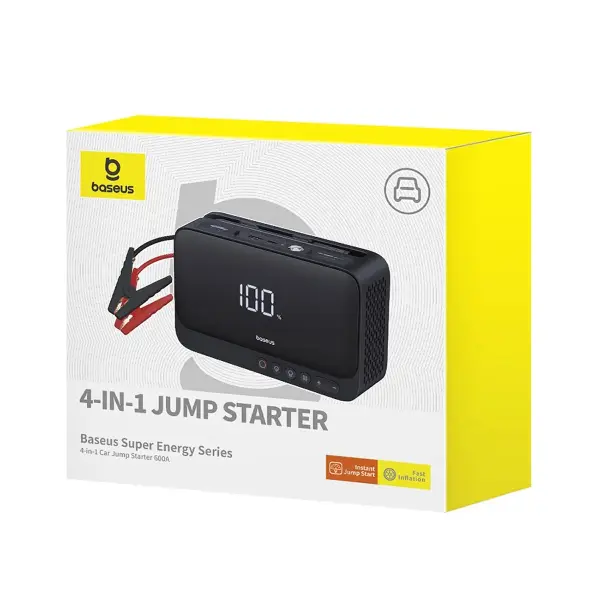 جامب استارتر ومضخة هواء للسيارات بيسوس 4 في 1 بقوة 600A وبطارية 6000mAh - أسود image 9