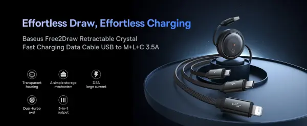 Baseus Free2Draw Retractable Crystal Fast Charging Data Cable USB to M+L+C 100W 1.1m Cluster Black image 2