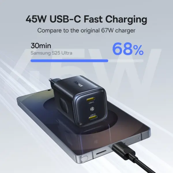 شاحن سريع بيسوس بيكوجو AN13 بقوة 45 واط منفذين Type-C قابس أوروبي - أسود كوني (Baseus PicoGo AN13 Fast Charger 2C 45W EU Cosmic Black) image 5
