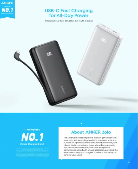 باور بنك أنكر زولو 20000mAh بقدرة 22.5W مع كابل Type-C مدمج - أسود image 3