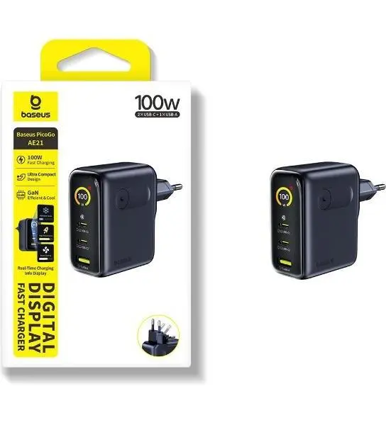 شاحن بيسوس بيكوجو AE21 بشاشة رقمية 100 واط (2x Type-C + USB-A) مع كابل 100W - أسود كويكبي image 3