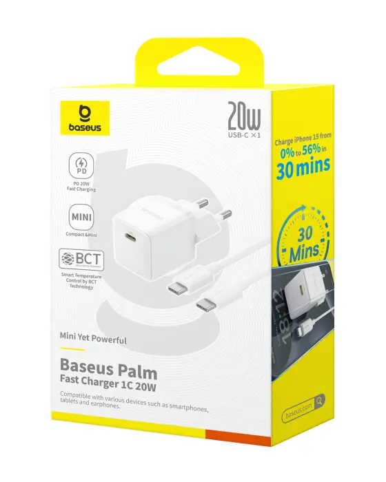 Baseus Palm Fast Charger 1C 20W EU Moon White  (with Baseus Mini White Cable USB-C to USB-C 60W (20V/3A) 1m Moon White) image 7