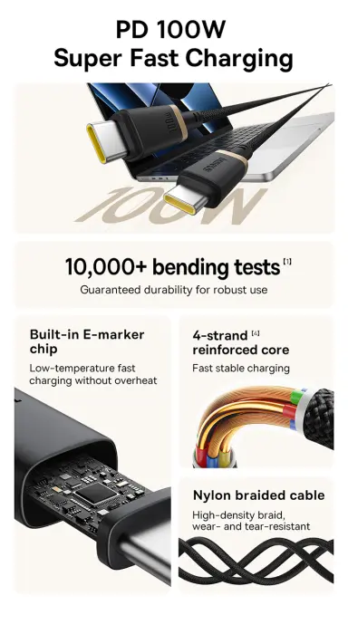 Baseus Dura Series Fast Charging Cable Type-C to Type-C 100W 1m Gold+Black image 2