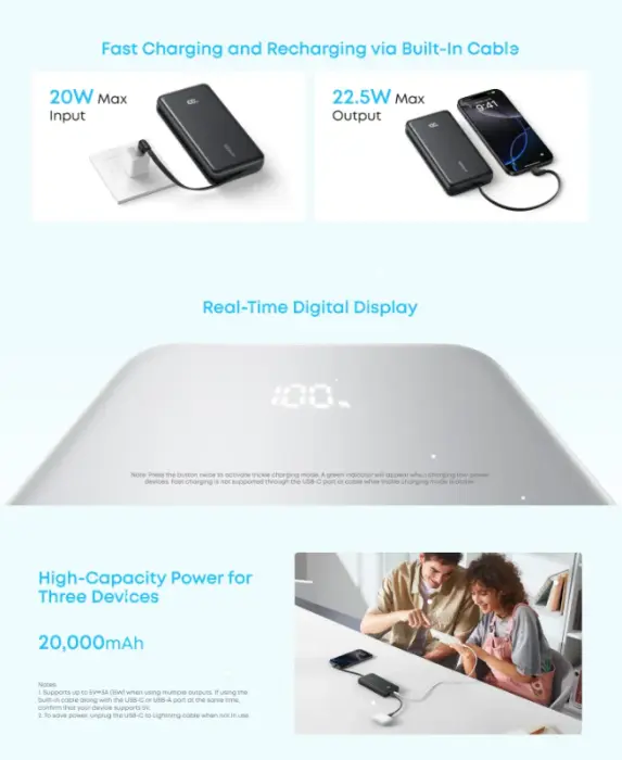 باور بنك أنكر زولو 20000mAh بقدرة 22.5W مع كابل Type-C مدمج - أسود image 4