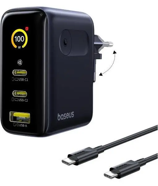 شاحن بيسوس بيكوجو AE21 بشاشة رقمية 100 واط (2x Type-C + USB-A) مع كابل 100W - أسود كويكبي image 0