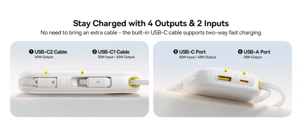 OS-Baseus EnerFill FC31 Digital Display Power Bank  with 2 Built-in USB-C Cables 10000mAh 45W Moon White image 3