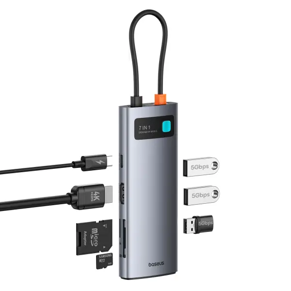 موزع منافذ بيسوس Baseus Metal Gleam جيل جديد 7 في 1 منفذ Type-C - لون رمادي  image 0