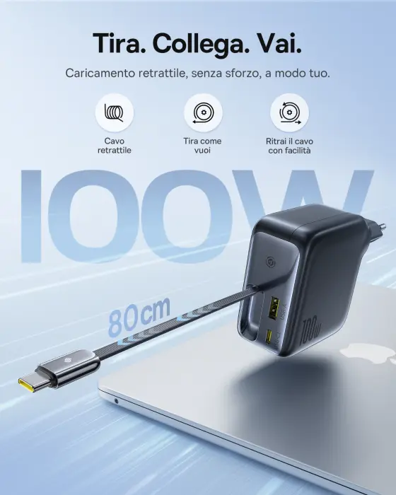 OS-Baseus EnerCore CJ11 Fast Charger with Retractable Cable 2C+U 100W EU Cluster Black image 1