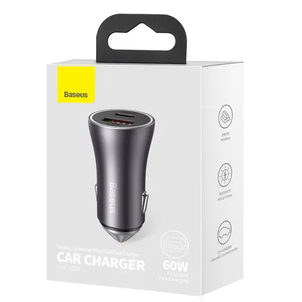 Baseus Golden Contactor Max Dual Fast Charger Car Charger U+C 60W Dark Gray image 3