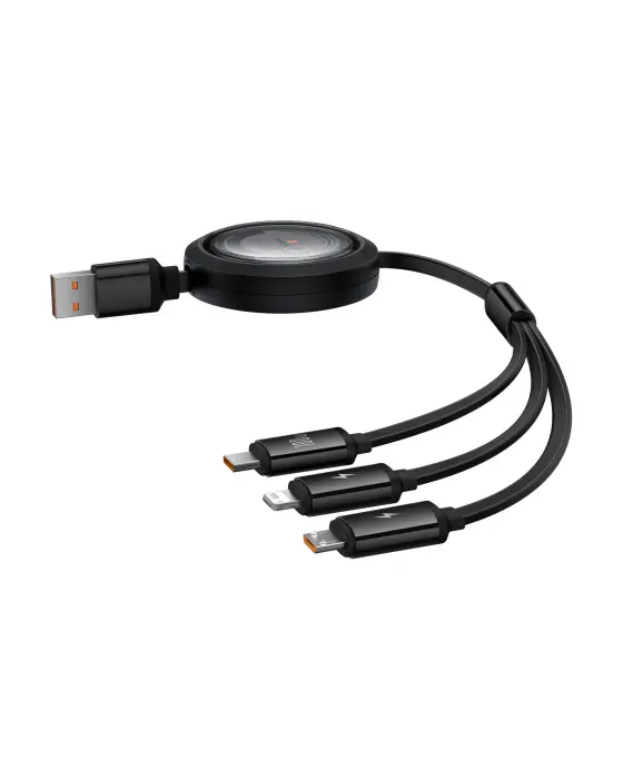Baseus Free2Draw Retractable Crystal Fast Charging Data Cable USB to M+L+C 100W 1.1m Cluster Black image 1