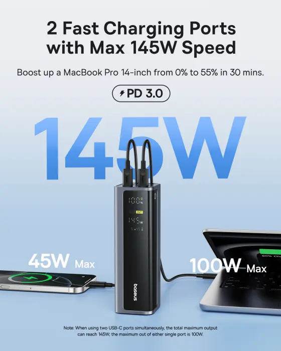 OS-Baseus EnerGeek GP12 Fast Charging Power Bank with Digital Display 20800mAh 145W Space Grey (Includes Type-C to Type-C Cable 1M 100W) image 1