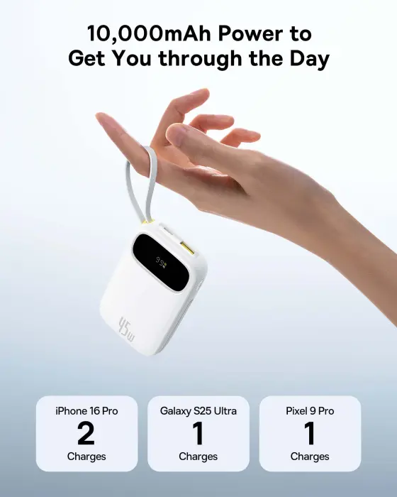 OS-Baseus EnerFill FC31 Digital Display Power Bank  with 2 Built-in USB-C Cables 10000mAh 45W Moon White image 5
