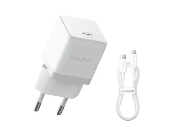 Baseus Palm Fast Charger 1C 20W EU Moon White  (with Baseus Mini White Cable USB-C to USB-C 60W (20V/3A) 1m Moon White) image 0