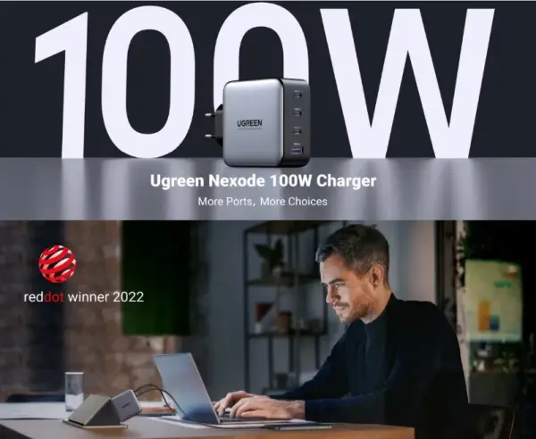 شاحن يوجرين نكسود 100 واط 4 منافذ GaN Fast Charger CD226 - أسود image 8