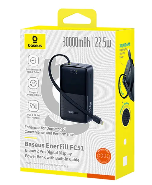  باور بنك بيسوس إنرفيل FC51 بيباو 2 برو شاشة رقمية بكابل مدمج 30000mAh بقدرة 22.5W - أسود كويكبي image 3