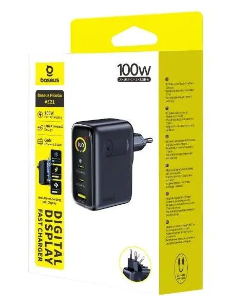 شاحن بيسوس بيكوجو AE21 بشاشة رقمية 100 واط (2x Type-C + USB-A) مع كابل 100W - أسود كويكبي image 2