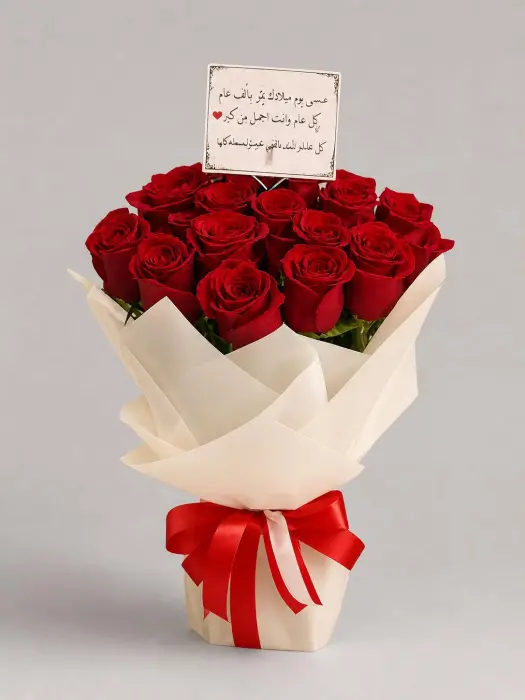 بوكيه ورد أحمر فاخر مع بطاقة تهنئة – هدية حب راقية image 0