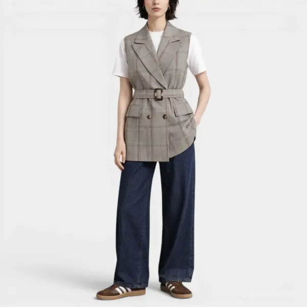 Double‑Breasted Midi Vest with Belt in Royal Check image 1