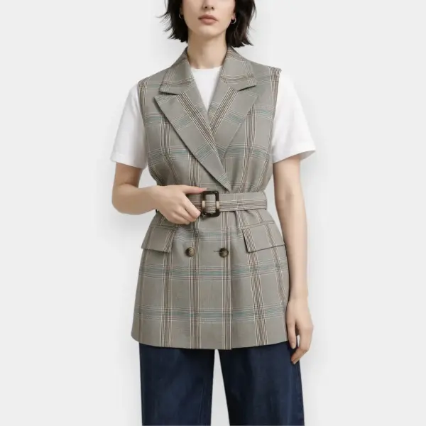 Double‑Breasted Midi Vest with Belt in Royal Check image 2