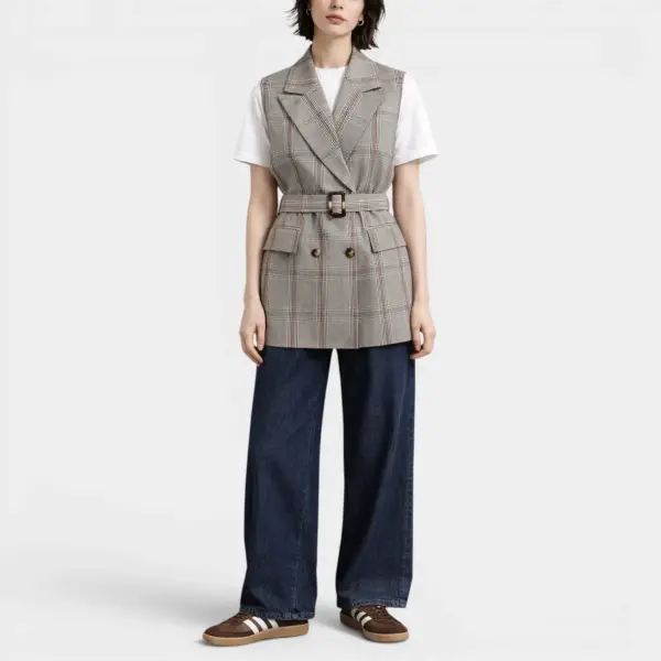 Double‑Breasted Midi Vest with Belt in Royal Check image 3