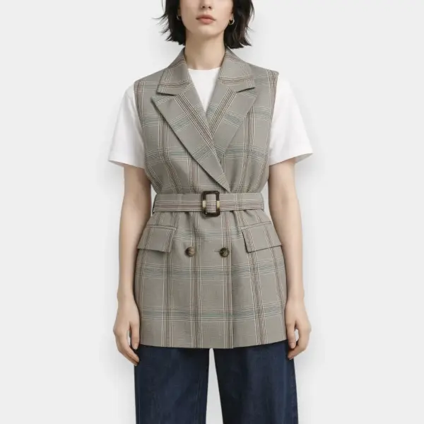 Double‑Breasted Midi Vest with Belt in Royal Check image 0